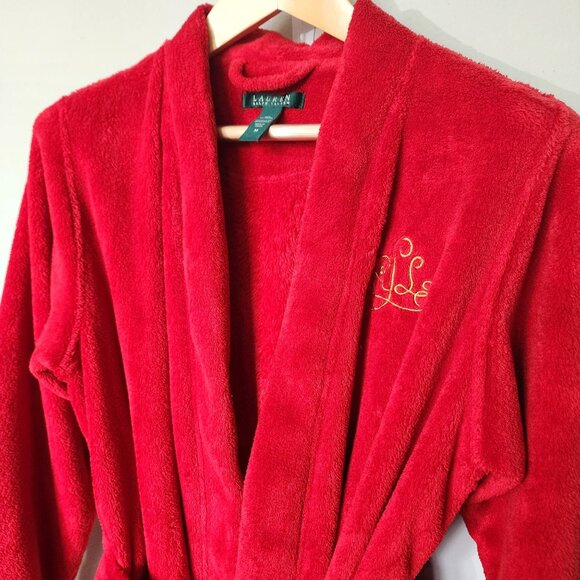 Ralph Lauren Bath Robe Red Plush Embroidered Logo Holiday 90s Home Alone - Picture 2 of 7